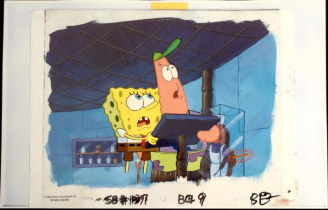 Cel Original Animation SpongeBob Museum Background Art: This animation cel and reproduction background are from the Nickelodeon TV show SpongeBob Squarepants. The story takes place under the deep blue sea in Bikini Bottom, where Sponge