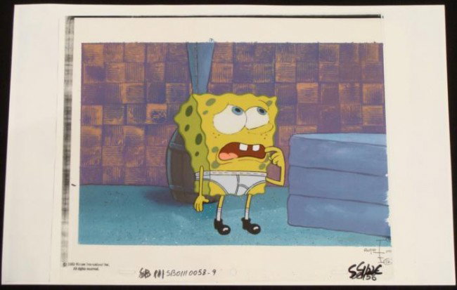Cel Spongebob Animation Green Stuff Background Original: This animation cel and reproduction background are from the Nickelodeon TV show SpongeBob Squarepants. The story takes place under the deep blue sea in Bikini Bottom, where Sponge