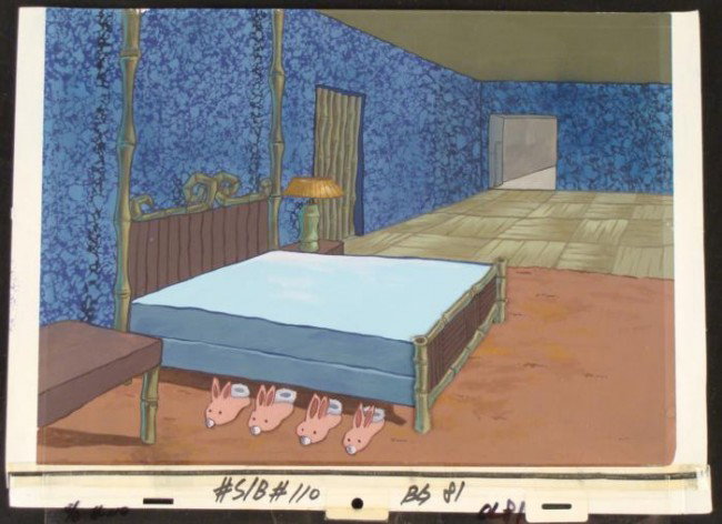 Cel Slippers Original Spongebob Background Production: This original hand-painted background and animation cel is from the Nickelodeon TV show SpongeBob Squarepants. The story takes place under the deep blue sea in Bikini Bo