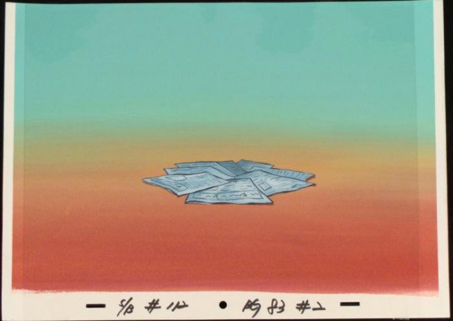 SpongeBob Cel Production Newspaper Original Background: This original hand-painted background and animation cel are from the Nickelodeon TV show SpongeBob Squarepants. The story takes place under the deep blue sea in Bikini B