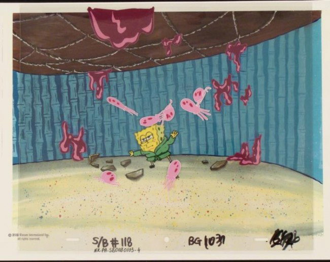 Crazy Fish SpongeBob Original Animation Cel Background: This animation cel and reproduction background are from the Nickelodeon TV show SpongeBob Squarepants. The story takes place under the deep blue sea in Bikini Bottom, where Sponge