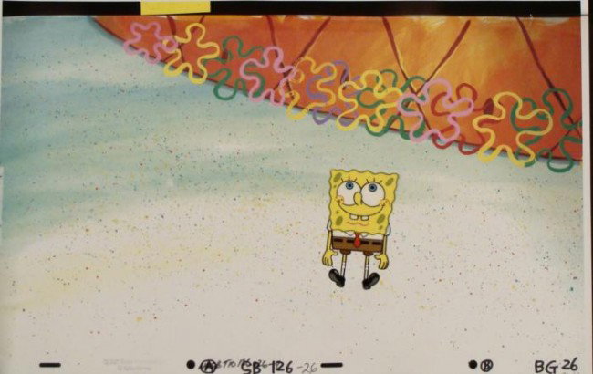 Cel Animation Original Quite Perky Background Spongebob: This animation cel and reproduction background are from the Nickelodeon TV show SpongeBob Squarepants. The story takes place under the deep blue sea in Bikini Bottom, where Sponge