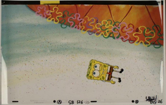 Background Sideways Spongebob Original Production Cel: This animation cel and reproduction background are from the Nickelodeon TV show SpongeBob Squarepants. The story takes place under the deep blue sea in Bikini Bottom, where Sponge