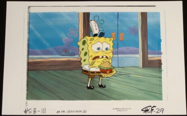 Background Spongebob Conundrum Original Animation Cel: This animation cel and reproduction background are from the Nickelodeon TV show SpongeBob Squarepants. The story takes place under the deep blue sea in Bikini Bottom, where Sponge