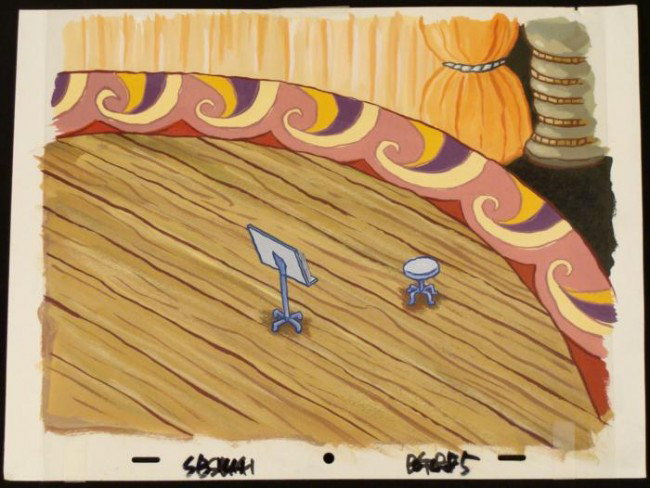 Music Animation Stool SpongeBob Background Original Cel: This original hand-painted background and animation cel are from the Nickelodeon TV show SpongeBob Squarepants. The story takes place under the deep blue sea in Bikini B