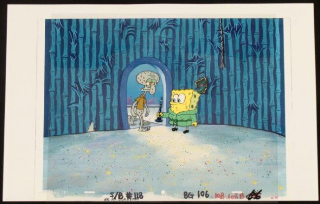 Cel Original SpongeBob Animation Chicken Pox Background: This animation cel and reproduction background are from the Nickelodeon TV show SpongeBob Squarepants. The story takes place under the deep blue sea in Bikini Bottom, where Sponge