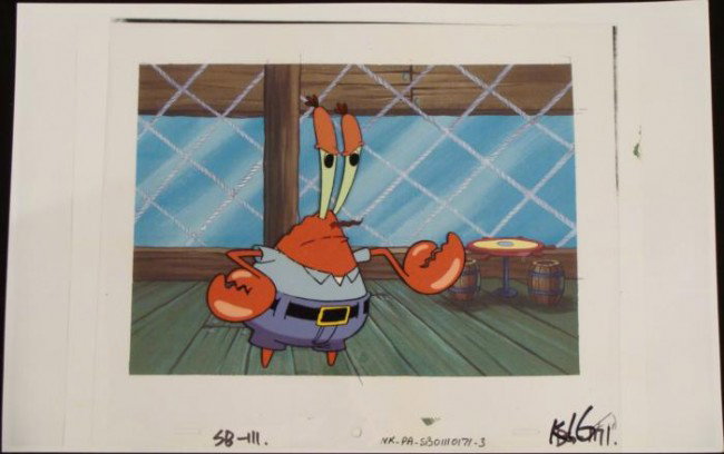 Background Production Spongebob Cel Come Here Original: This animation cel and reproduction background are from the Nickelodeon TV show SpongeBob Squarepants. The story takes place under the deep blue sea in Bikini Bottom, where Sponge