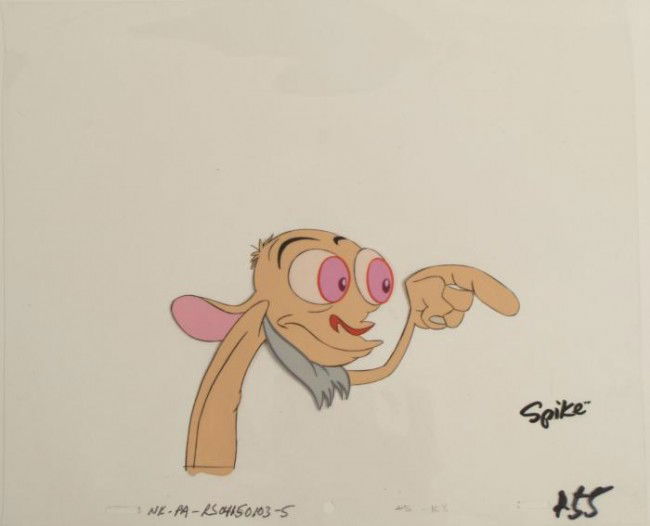 Pointing Ren And Stimpy Original Production Cel Spike: This is an original production animation cel from the Nickelodeon TV show Ren & Stimpy. The show follows two characters - Ren, a crazy Chihuahua - and - Stimpy, an incredibly stupid