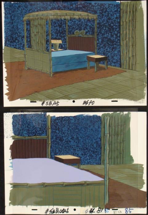 2 SpongeBob Squidward Orig Animation Backgrounds + Cel: These are 2 original hand-painted backgrounds from the Nickelodeon television show SpongeBob Squarepants. The story takes place under the deep blue sea in Bikini Bottom, wher