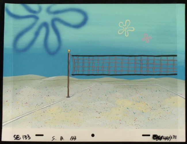 Original Background Animation Cel SpongeBob VolleyBall: This original hand-painted background and animation cel are from the Nickelodeon TV show SpongeBob Squarepants. The story takes place under the deep blue sea in Bikini B