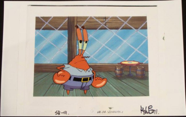 Production Background Evil Eye Original Cel Spongebob: This animation cel and reproduction background are from the Nickelodeon TV show SpongeBob Squarepants. The story takes place under the deep blue sea in Bikini Bottom, where Sponge