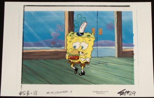 Production Spongebob Wrong Way Original Cel Background: This animation cel and reproduction background are from the Nickelodeon TV show SpongeBob Squarepants. The story takes place under the deep blue sea in Bikini Bottom, where Sponge