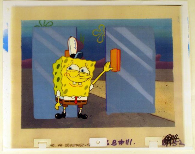 Original Cel Spongebob Get Away Background Production: This animation cel and reproduction background are from the Nickelodeon TV show SpongeBob Squarepants. The story takes place under the deep blue sea in Bikini Bottom, where Sponge