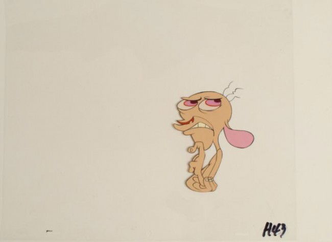 Thinking Ren And Stimpy Production Cel Art Original: This is an original production animation cel from the Nickelodeon TV show Ren & Stimpy. The show follows two characters - Ren, a crazy Chihuahua - and - Stimpy, an incredibly stupid