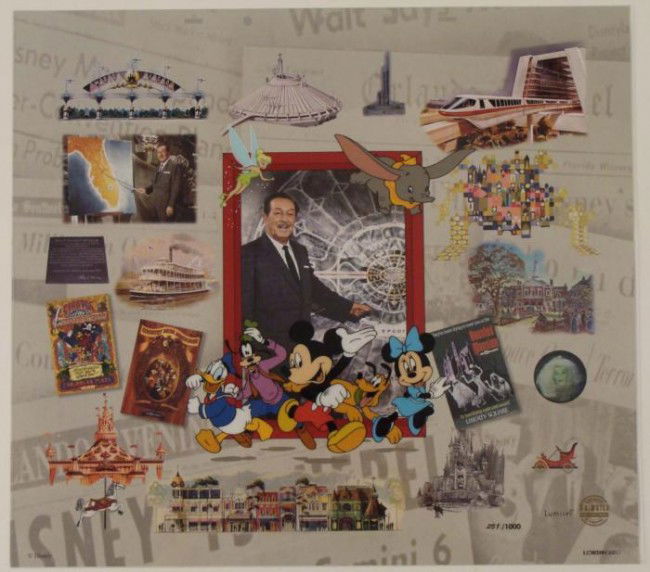 Walt Disney World Collage Sericel Animation Art Mickey: This piece highlights various Disney theme park scenes, including those from the Pirates of the Caribbean, Main Street U.S.A., the Haunted Mansion, Country Bears Jamboree, Epcot, Small World