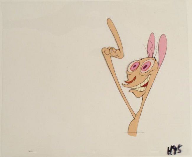 Art Animation One Ren And Stimpy Holding Original Cel: This is an original production animation cel from the Nickelodeon TV show Ren & Stimpy. The show follows two characters - Ren, a crazy Chihuahua - and - Stimpy, an incredibly stupid