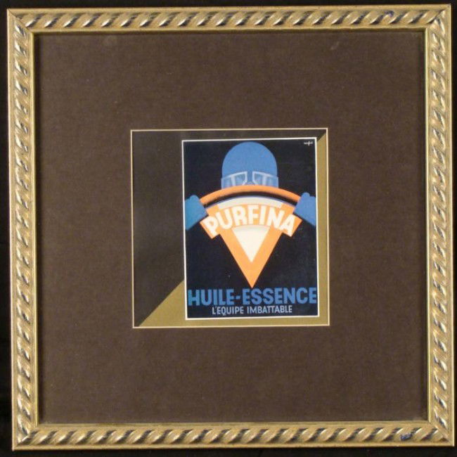 Purfina Oil French Vintage Repro Car Racing Ad Frmd: Purfina Oil touts their undefeatable team in this stylized reproduction French advertising print.Artist: Leo MarfurtMedium: Print on paper Image size: 5 1/2 inches squareFraming: Matted in black, in c
