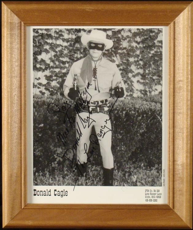Donald Cagle Signed Lone Ranger 8 x 10 Photo Framed: This classic 8 x 10 B & W Lone Ranger photo was signed in black marker by Donald Cagle. He was known around Western festivals by appearing dressed as the Lone Ranger. He became friends with Lone R