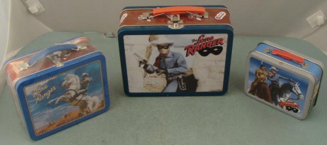 3 Lone Ranger Mini Tin Metal Lunchboxes: Here are 3 different size mini lunchboxes, all featuring the large than life Lone Ranger. These lunchboxes are metal with plastic handles and colorful images, including Tonto, and Silver. They include