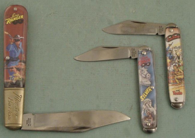 3 Lone Ranger Folding Pocket Knives Barlow: These are 3 different Lone Ranger pocket knives, all with individual folding blades, and coloful images on the handles. They are in very good condition overall, with some wear, and a slight crack on t
