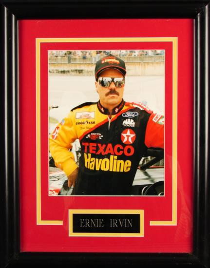 Ernie Irvin NASCAR Picture Racing Track Photo Framed: This is a NASCAR photo of former driver Ernie Irvin, seen here on the track on race day. The custom matting with cut designs matches the colors of his suit. The black laminate wood frame is 13 3/4;""