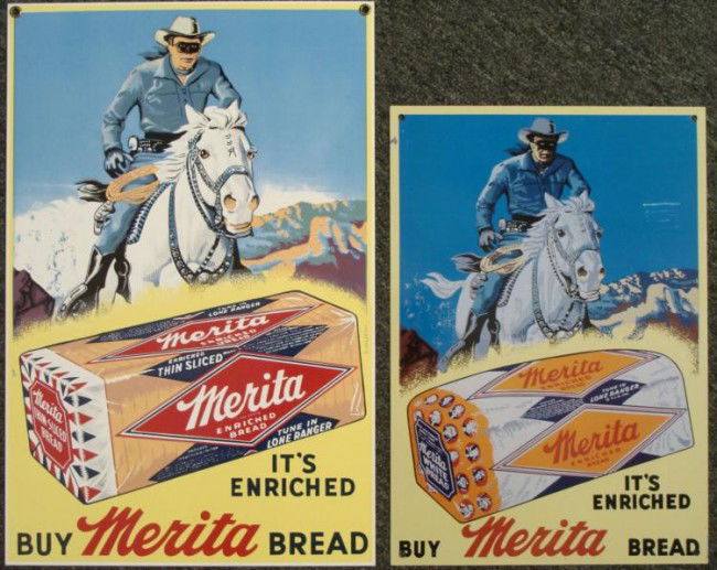 2 Lone Ranger Merita Bread Tin Advertising Signs: Here are two reproduction Merita Bread advertising signs featuring The Lone Ranger. Both have the same design from the original, with that masked man riding forward and a big loaf of Merita bread in f