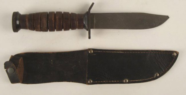 WWII U.S. M3 IMPERIAL FIGHTING KNIFE W/ LEATHER SHEATH: WWII U.S. M3 IMPERIAL FIGHTING KNIFE WITH LEATHER SHEATH-LEATHER WASHER GRIP RICASSO MARKED "IMPERIAL- PROVIDENCE RI"--PEENED POMMEL-PARKERIZED BLADE-POINT NOT PRESENT-NAME "BOB-BOBBY" WRITTEN IN 2 SP