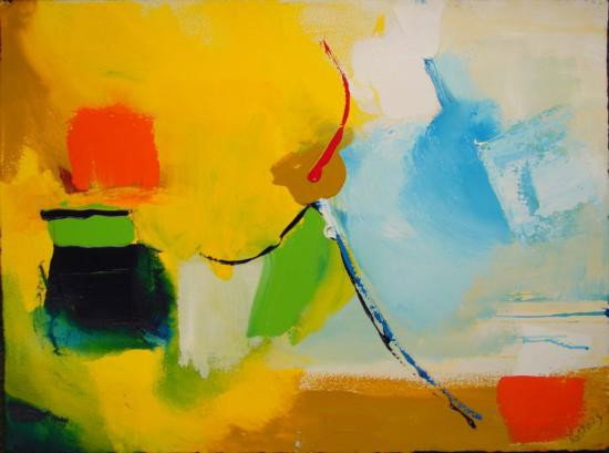 Abstract LANDSCAPE Acrylic Painting Paper Art ROBERTS: Offered here is an acrylic on paper by American artist Dick Roberts. A bright, cheery color palette of sunny yellows, sky blues, and gleaming white melt across the paper in a striking abstract landsca