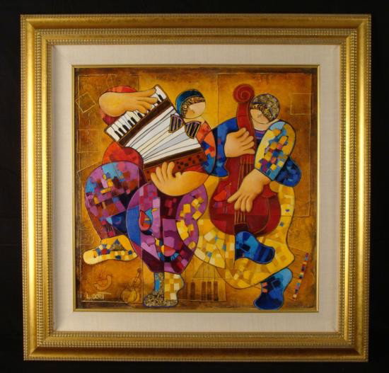 Dorit Levi Original Framed Music Oil Painting Serenade: This original oil painting by artist Dorit Levi portrays two musicians playing an accordion and string bass. They are playing a serenade to someone or something, and the artist's Cubist style really c