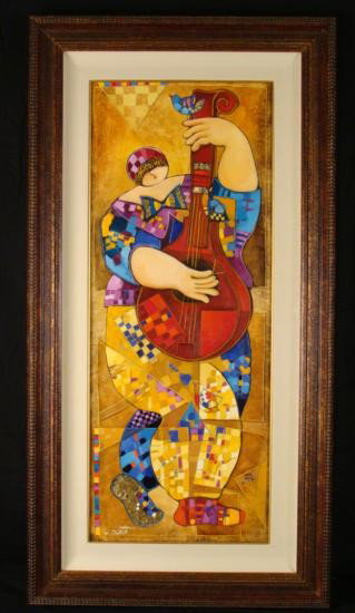 Dorit Levi Original Framed Music Art Oil Painting Banjo: This original oil painting by artist Dorit Levi portrays a lady playing a banjo. The abstract shapes and warm colors of this Cubist composition serve to convey a well balanced, musical atmosphere. Art