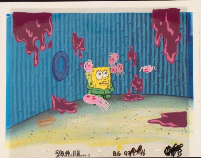 Background So Pretty Original Cel Production Spongebob: This original animation cel and reproduction background are from the Nickelodeon TV show SpongeBob Squarepants. The story takes place under the deep blue sea in Bikini&n