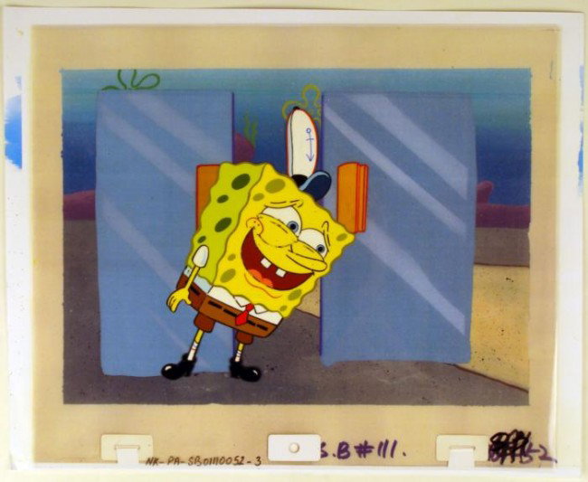 Background Guilty Cel Original Animation Spongebob: This animation cel and reproduction background are from the Nickelodeon TV show SpongeBob Squarepants. The story takes place under the deep blue sea in Bikini Bottom, where Sponge
