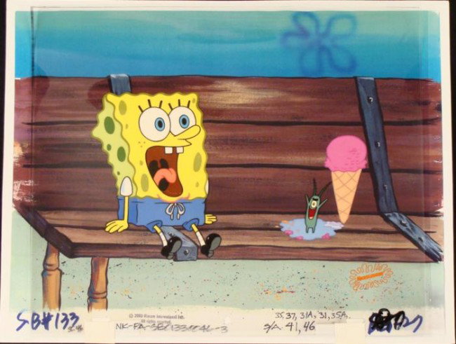 Spongebob Cel Original Animation Background All Control: This original animation cel and reproduction background are from the Nickelodeon TV show SpongeBob Squarepants. The story takes place under the deep blue sea in Bikini B