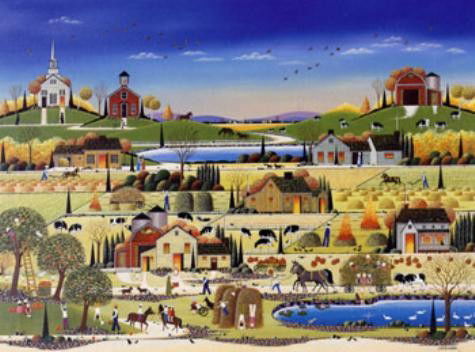 Nicky Watanabe HAY RIDE Primitive Style Folk Art Print: This delightful print — so charmingly detailed — is by the very popular contemporary artist Nobou "Nicky" Watanabe: Title: "Hay Ride" Serigraph on paper Signed and numbered from a limite