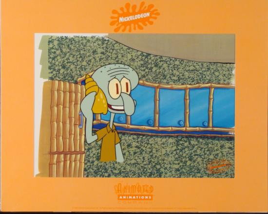 SPONGEBOB Squidward Telephone Original Production Cel: This original production art cel is from the SpongeBob SquarePants episode entitled Opposite Day. This scene shows Squidward on the telephone in his house. Original Production Cel Art Overall Size (in