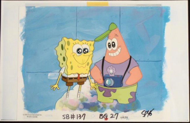 Animation Original SpongeBob Cel Art Happy Background: This animation cel and reproduction background are from the Nickelodeon TV show SpongeBob Squarepants. The story takes place under the deep blue sea in Bikini Bottom, where Sponge