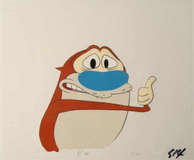 Ren and Stimpy Original Hesitant Art Production Cel: This is an original production animation cel from the Nickelodeon TV show Ren & Stimpy. The show follows two characters - Ren, a crazy Chihuahua - and - Stimpy, an incredibly stupid