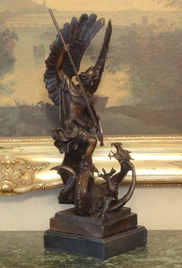 Huge Bronze Sculpture Saint Michael Dragon Slay: Saint Michael Dragon Slayer, Bronze Sculpture, 19"H x 14"W x 7" D 28 lbs This bronze sculpture was produced using the "Lost Wax" casting method. The"Lost Wax" Cast method is the most precise metal cas