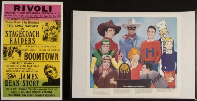 2 Lone Ranger Posters Great Radio Heroes, Movie Ad: These two posters pay tribute to the Lone Ranger in radio and on the silver screen. One is titled The Great Radio Heroes, and it shows the Lone Ranger, along with other legendary characters from the d
