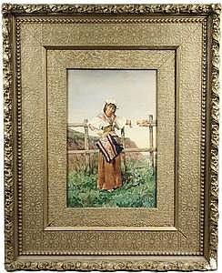 Watercolor - Portrait of a Beautiful Young Woman in Eth: Watercolor - Portrait of a Beautiful Young Woman in Ethnic Costume by Filippo Indoni (Italian, 1880-1954), signed lower right and with ~BE~ in pencil on edge, the subject is depicted standing in front