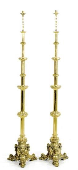 Pair Continental Brass Altar Sticks: Pair Continental Brass Altar Sticks,early 20th century _sectional stem supported by ornate trefoil scrolling base. _H70" __