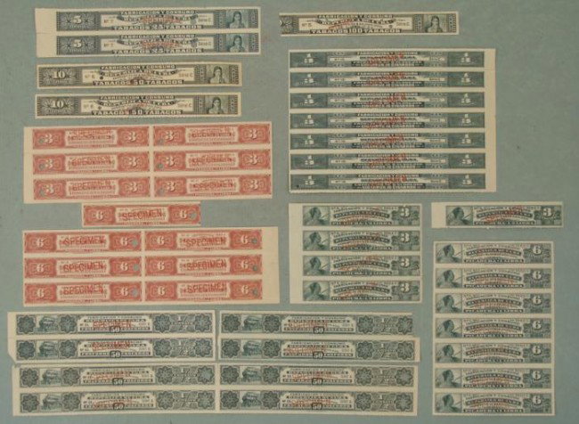 46 Cuba Specimen Revenue Stamps Tobacco, Cigar, Matches: Here are 46 Cuban Revenue Stamps from tobacco sales, in various sizes and denominations. Each has a red or black "SPECIMEN" overprint and security punch. They are marked "American Bank Note Co." 