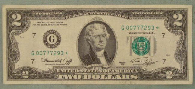 1976 G Mint Star Note $2 Two Dollar Bill Chicago: $2 Star Note Mint mark: G (Chicago)