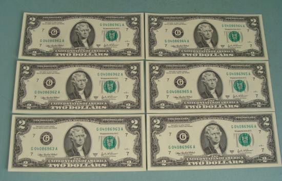 (6) 2003 A $2 Bills Consecutive # Notes G Mint Chicago: (6) 2003 $2 bills with Consecutive serial numbers Mint mark: G (Chicago)Note: Serial Numbers you receive may be different from the ones pictured