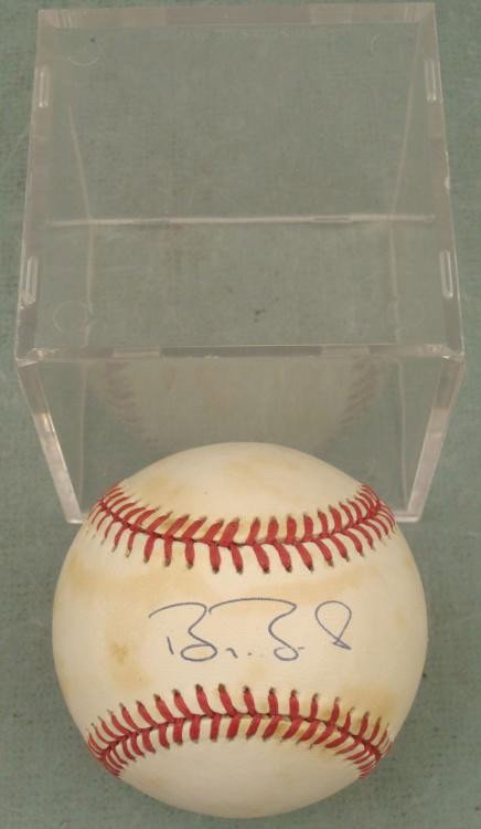 Barry Bonds Signed Baseball HOF Cubs w/ Ball Cube: Slugger Barry Bonds signed this William White baseball in blue ballpoint. The ball is in good condition with smudge marks. It comes in an acrylic ball cube. Barry Bonds is certainly a controversial fi