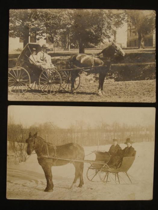 2 Antique Real Photo Postcards Horse & Buggy, Sled: Here are 2 original real photo postcards portraying a horse drawn buggy, and a sled. The buggy shows three young men in town, and the sled shows a couple in furs, in a wooded terrain. They are in very