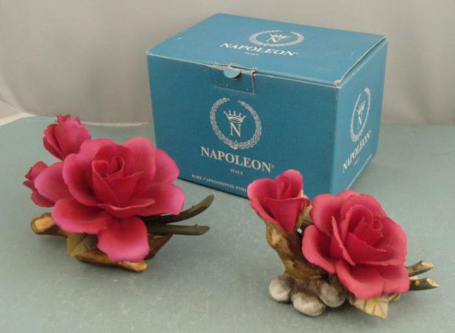 2 Vintage Capodimonte Porcelain Flowers Napoleon Italy: These 2 rare Capodimonte flowers were made in Italy by Napoleon. They are in excellent condition, with no chips or cracks. The undersides have Napoleon stickers, and one includes the original Napoleon