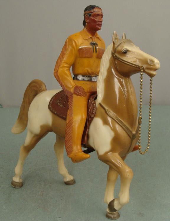 Tonto, Horse Scout Lone Ranger Series Vintage Figures: This is a plastic Tonto figure, along with his horse named Scout. Neither is marked, but they appear to be vintage, and the Tonto perhaps even older. Tonto is 7" tall, and the horse stands 8". The hor