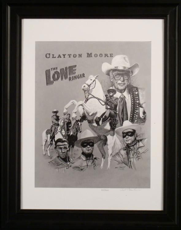 Clayton Moore Lone Ranger Art Faschan Signed Print Ltd: This is a print of an artwork by Art Faschan, paying tribute the legendary actor of television's Lone Ranger, Clayton Moore. The black & white collage image portrays Moore in several guises, even