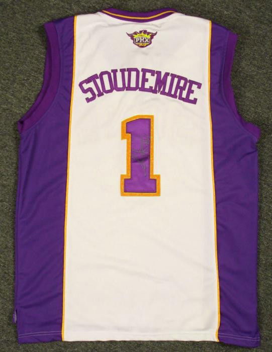 Amare Stoudemire Signed Jersey Phoenix Suns NBA: This Phoenix Suns home jersey was signed by power forward and center Amare Stoudemire. The autograph is in silver paint pen, and includes his number #1. The jersey is an NBA Authentics from Adidas, wi